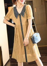 Load image into Gallery viewer, Style Khaki Peter Pan Collar Patchwork Wrinkled Silk Dress Summer