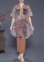 Load image into Gallery viewer, Style Khaki V Neck Print Rivet Chiffon Two Pieces Set Summer