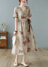 Load image into Gallery viewer, Style Khaki V Neck Print Summer Tie Waist Holiday Dress Short Sleeve