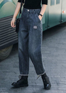 Style Navy High Waist Pockets Harem Casual Fall Denim  Pants