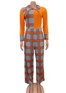 Style Peter Pan Collar Plaid Patchwork Straight Jumpsuit Fall