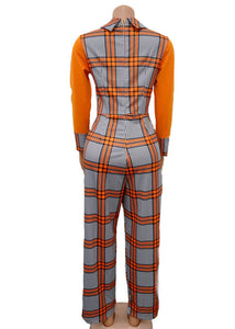 Style Peter Pan Collar Plaid Patchwork Straight Jumpsuit Fall