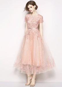 Style Pink Embroideried Tulle Long Dress Short Sleeve