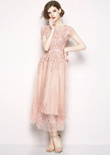 Load image into Gallery viewer, Style Pink Embroideried Tulle Long Dress Short Sleeve