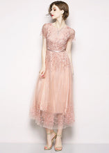 Load image into Gallery viewer, Style Pink Embroideried Tulle Long Dress Short Sleeve