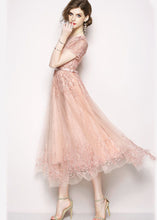 Load image into Gallery viewer, Style Pink Embroideried Tulle Long Dress Short Sleeve