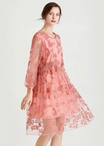 Style Pink Patchwork Embroideried Fall Lace Vacation Dress Long Sleeve