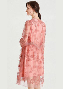 Style Pink Patchwork Embroideried Fall Lace Vacation Dress Long Sleeve