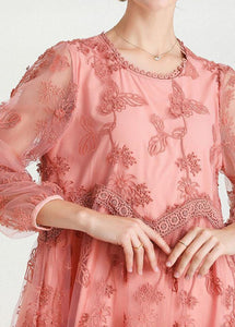 Style Pink Patchwork Embroideried Fall Lace Vacation Dress Long Sleeve