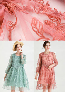 Style Pink Patchwork Embroideried Fall Lace Vacation Dress Long Sleeve