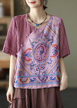 Load image into Gallery viewer, Style Pink Print Side Open tie Summer Linen Blouses Half Sleeve