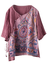 Load image into Gallery viewer, Style Pink Print Side Open tie Summer Linen Blouses Half Sleeve