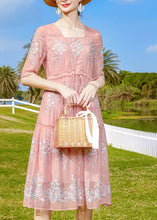 Load image into Gallery viewer, Style Pink Ruffled Embroideried Tie Waist Silk Dress Short Sleeve