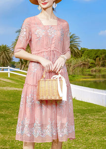 Style Pink Ruffled Embroideried Tie Waist Silk Dress Short Sleeve