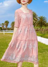 Load image into Gallery viewer, Style Pink Ruffled Embroideried Tie Waist Silk Dress Short Sleeve