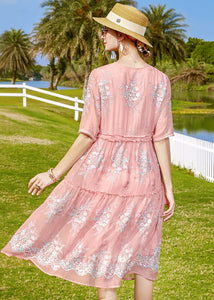 Style Pink Ruffled Embroideried Tie Waist Silk Dress Short Sleeve