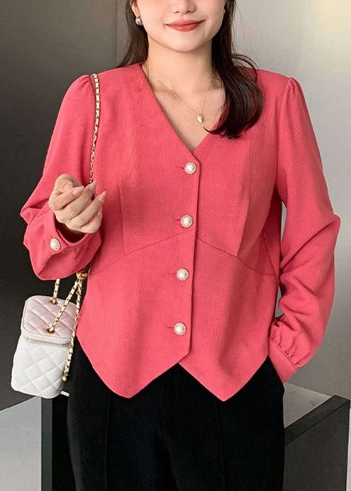 Style Plus Size Pink V Neck Button Patchwork Cotton Coat Fall