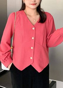 Style Plus Size Pink V Neck Button Patchwork Cotton Coat Fall