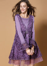 Load image into Gallery viewer, Style Purple Bow Patchwork Tulle Print Fake Two Piece Mid Dresses Spring