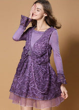 Load image into Gallery viewer, Style Purple Bow Patchwork Tulle Print Fake Two Piece Mid Dresses Spring