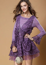 Load image into Gallery viewer, Style Purple Bow Patchwork Tulle Print Fake Two Piece Mid Dresses Spring