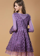 Load image into Gallery viewer, Style Purple Bow Patchwork Tulle Print Fake Two Piece Mid Dresses Spring