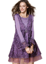 Load image into Gallery viewer, Style Purple Bow Patchwork Tulle Print Fake Two Piece Mid Dresses Spring