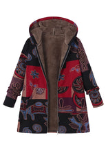 Load image into Gallery viewer, Style Red Hooded Print Pockets Patchwork Warm Fleece Coat Fall