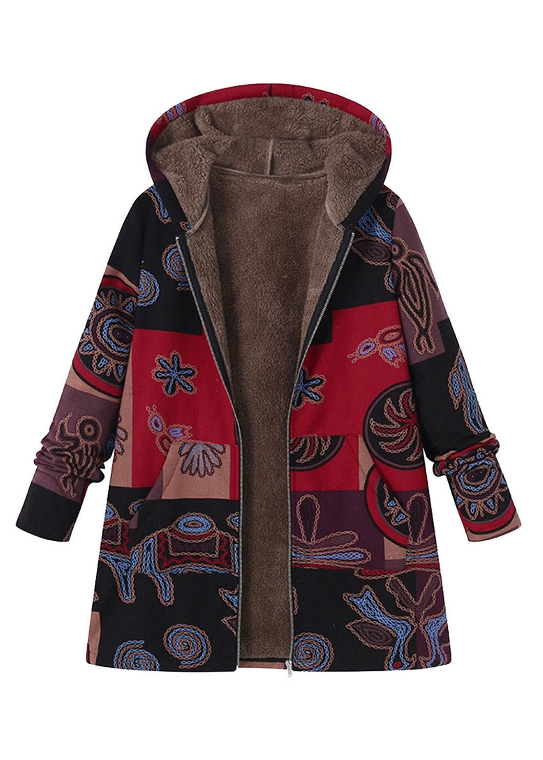 Style Red Hooded Print Pockets Patchwork Warm Fleece Coat Fall