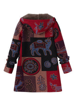 Load image into Gallery viewer, Style Red Hooded Print Pockets Patchwork Warm Fleece Coat Fall