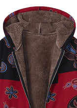 Load image into Gallery viewer, Style Red Hooded Print Pockets Patchwork Warm Fleece Coat Fall