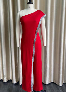 Style Red One Shoulder Asymmetrical Patchwork Sequins Jumpsuit Summer