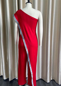Style Red One Shoulder Asymmetrical Patchwork Sequins Jumpsuit Summer