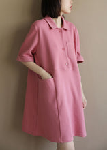 Load image into Gallery viewer, Style Solid Pink Peter Pan Collar Big Pockets Cotton Loose Dress Short Sleeve