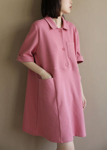 Style Solid Pink Peter Pan Collar Big Pockets Cotton Loose Dress Short Sleeve