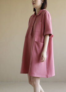 Style Solid Pink Peter Pan Collar Big Pockets Cotton Loose Dress Short Sleeve