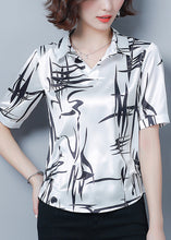 Load image into Gallery viewer, Style White Peter Pan Collar Print Silk Shirt Top Short Sleeve