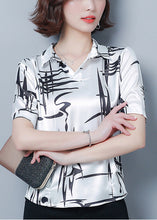 Load image into Gallery viewer, Style White Peter Pan Collar Print Silk Shirt Top Short Sleeve