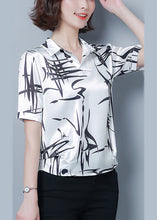 Load image into Gallery viewer, Style White Peter Pan Collar Print Silk Shirt Top Short Sleeve