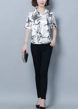 Load image into Gallery viewer, Style White Peter Pan Collar Print Silk Shirt Top Short Sleeve