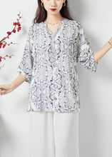 Load image into Gallery viewer, Style White V Neck Oversized Print Chiffon Shirts Summer