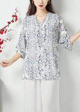 Load image into Gallery viewer, Style White V Neck Oversized Print Chiffon Shirts Summer