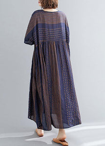 Style o neck Extra large hem cotton summer pattern Work blue striped loose Dress