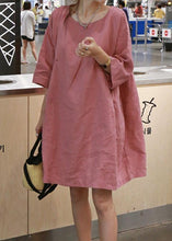 Load image into Gallery viewer, Style pink cotton linen outfit o neck Cinched A Line summer Dresses