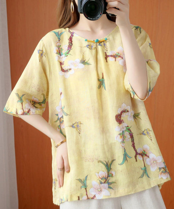 Style yellow print top silhouette o neck half sleeve Dresses blouse