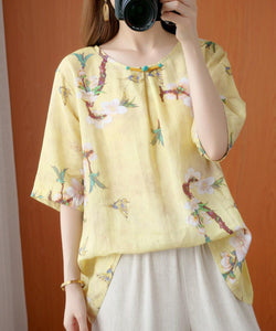 Style yellow print top silhouette o neck half sleeve Dresses blouse