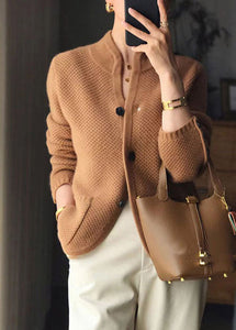 Stylish Beige Stand Collar Slim Fit Button Cashmere Cardigans Spring