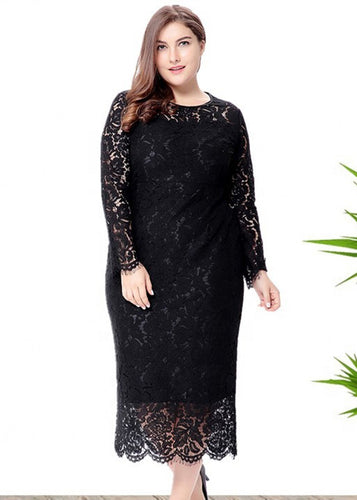 Stylish Black O-Neck Holiday Lace Long Dress Long Sleeve