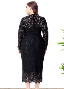 Stylish Black O-Neck Holiday Lace Long Dress Long Sleeve