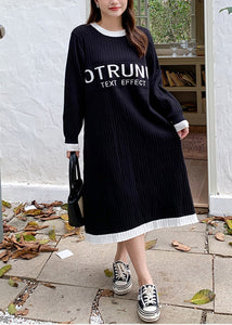 Stylish Black Oversized Patchwork Letter Knit Dresses Fall